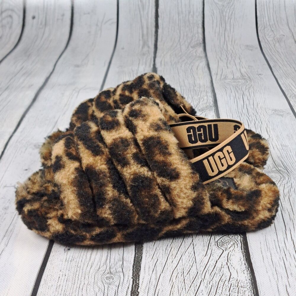 UGG Fluff Yeah Slide Girls Size 1 Cheetah Slippers Brown Youth Back Strap